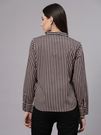 Style Quotient Women Nude and Black Polyester Striped Regular Formal Shirt