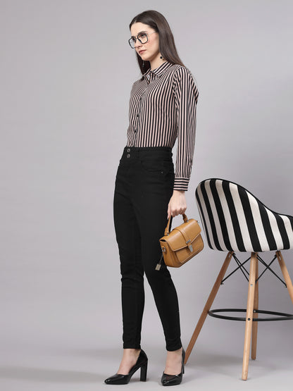 Style Quotient Women Nude and Black Polyester Striped Regular Formal Shirt