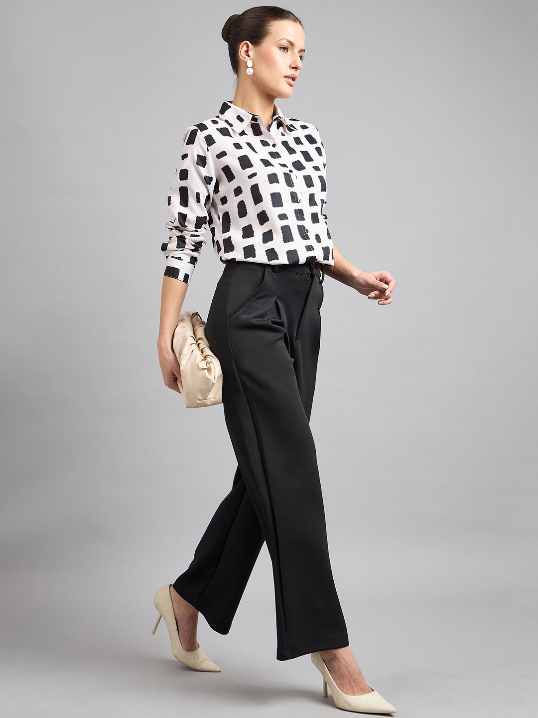 Style Quotient Women Nude And Black Printed Polycrepe Regular Shirt