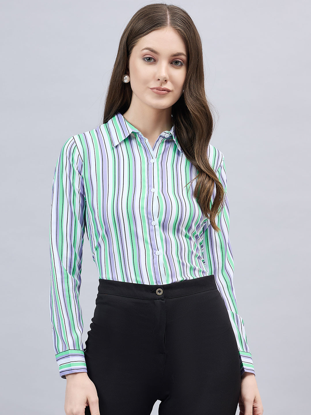 Style Quotient Women Purple And Green Stripe Printed Polyester Regular Fit Formal Shirt