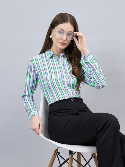 Style Quotient Women Purple And Green Stripe Printed Polyester Regular Fit Formal Shirt