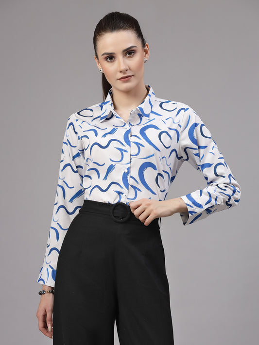 Style Quotient Women Blue and White Abstract Regular Smart Casual Shirt