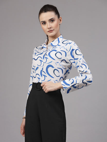 Style Quotient Women Blue and White Abstract Regular Smart Casual Shirt