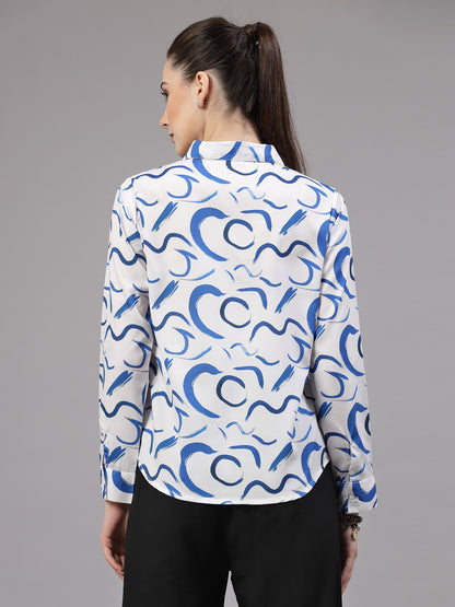 Style Quotient Women Blue and White Abstract Regular Smart Casual Shirt