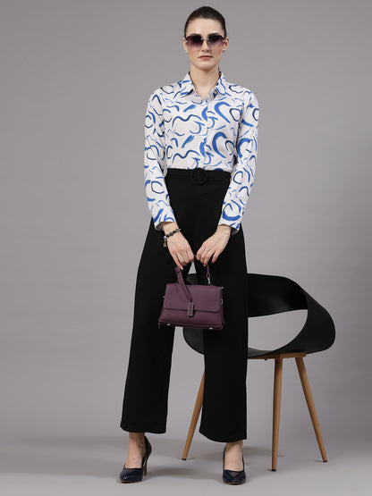 Style Quotient Women Blue and White Abstract Regular Smart Casual Shirt