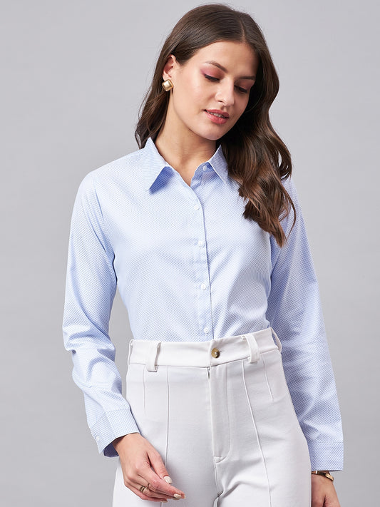 Style Quotient Women Micro Ditys Self Design Blue And White Polycotton Formal Shirt