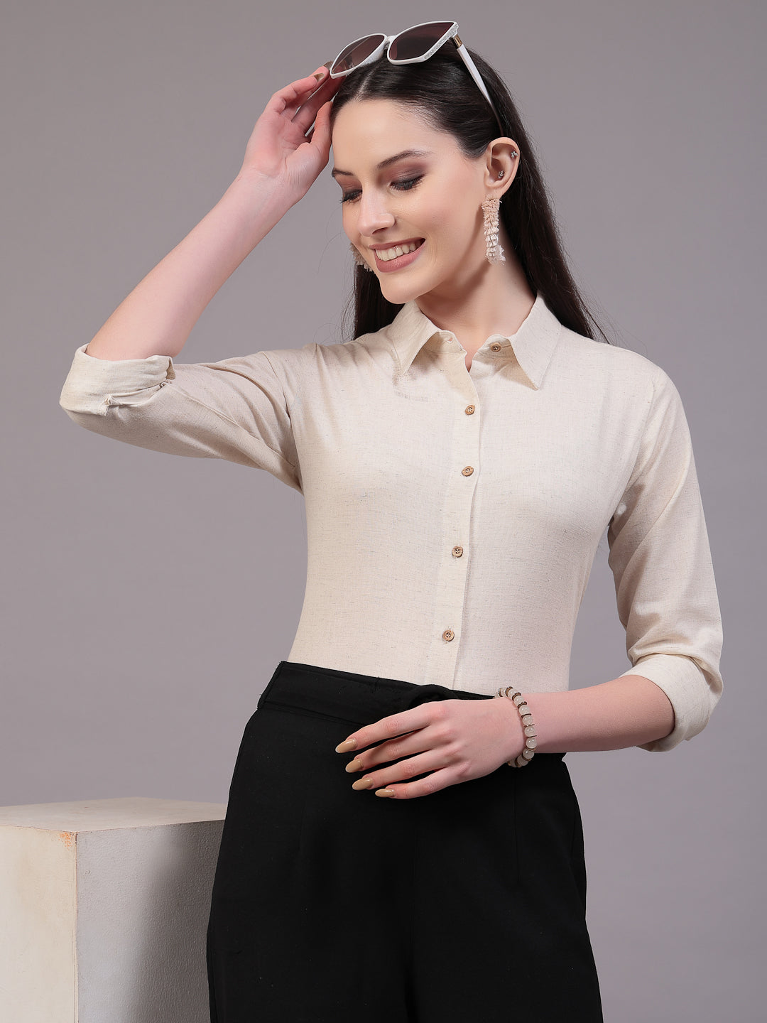 Style Quotient Women Solid Beige cotton Regular Shirt