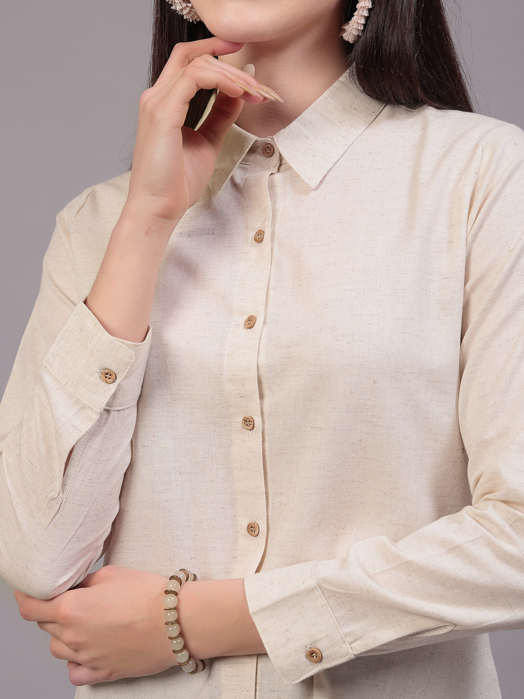 Style Quotient Women Solid Beige cotton Regular Shirt