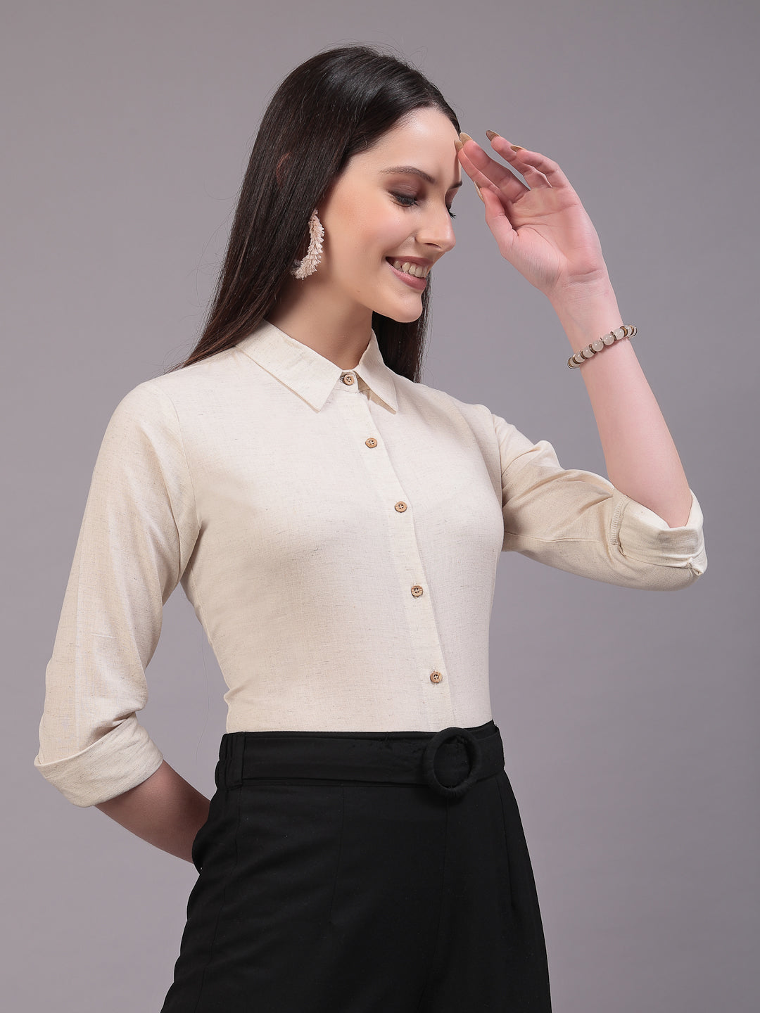 Style Quotient Women Solid Beige cotton Regular Shirt