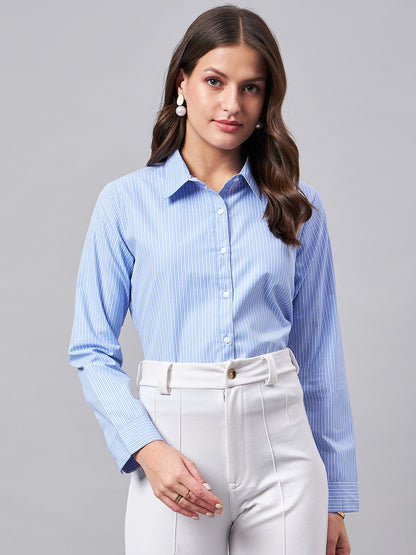 Style Quotient Women Self Design Stripe Blue And White Polycotton Formal Shirt