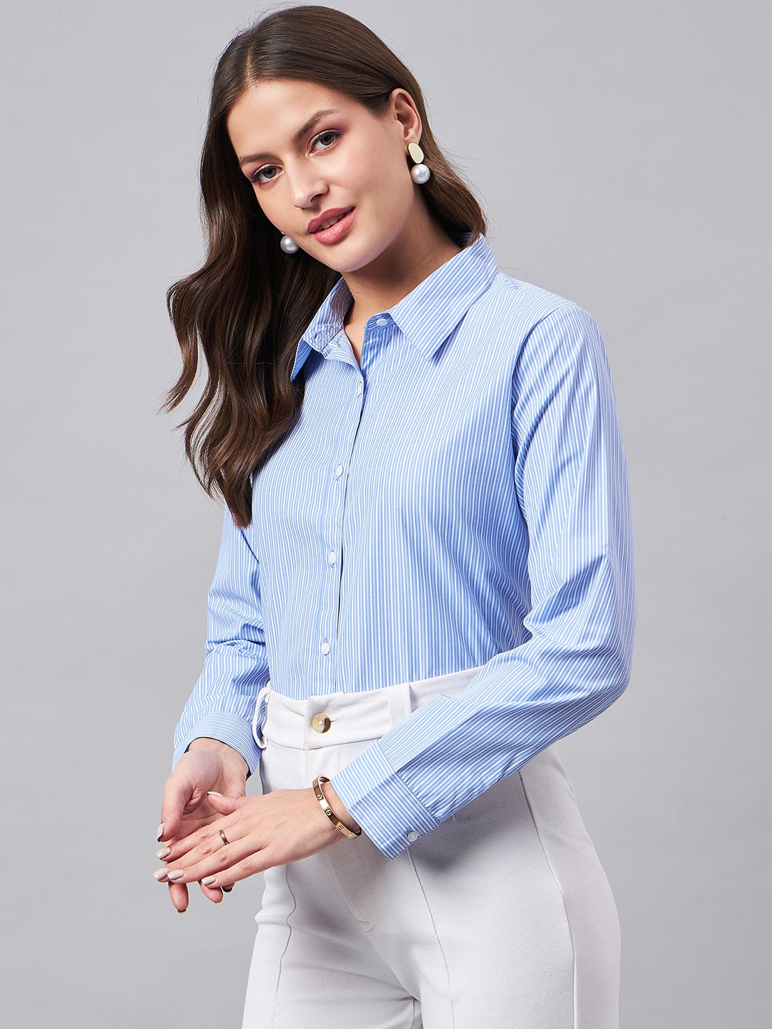 Style Quotient Women Self Design Stripe Blue And White Polycotton Formal Shirt