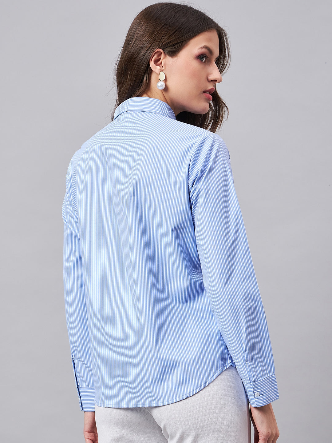 Style Quotient Women Self Design Stripe Blue And White Polycotton Formal Shirt