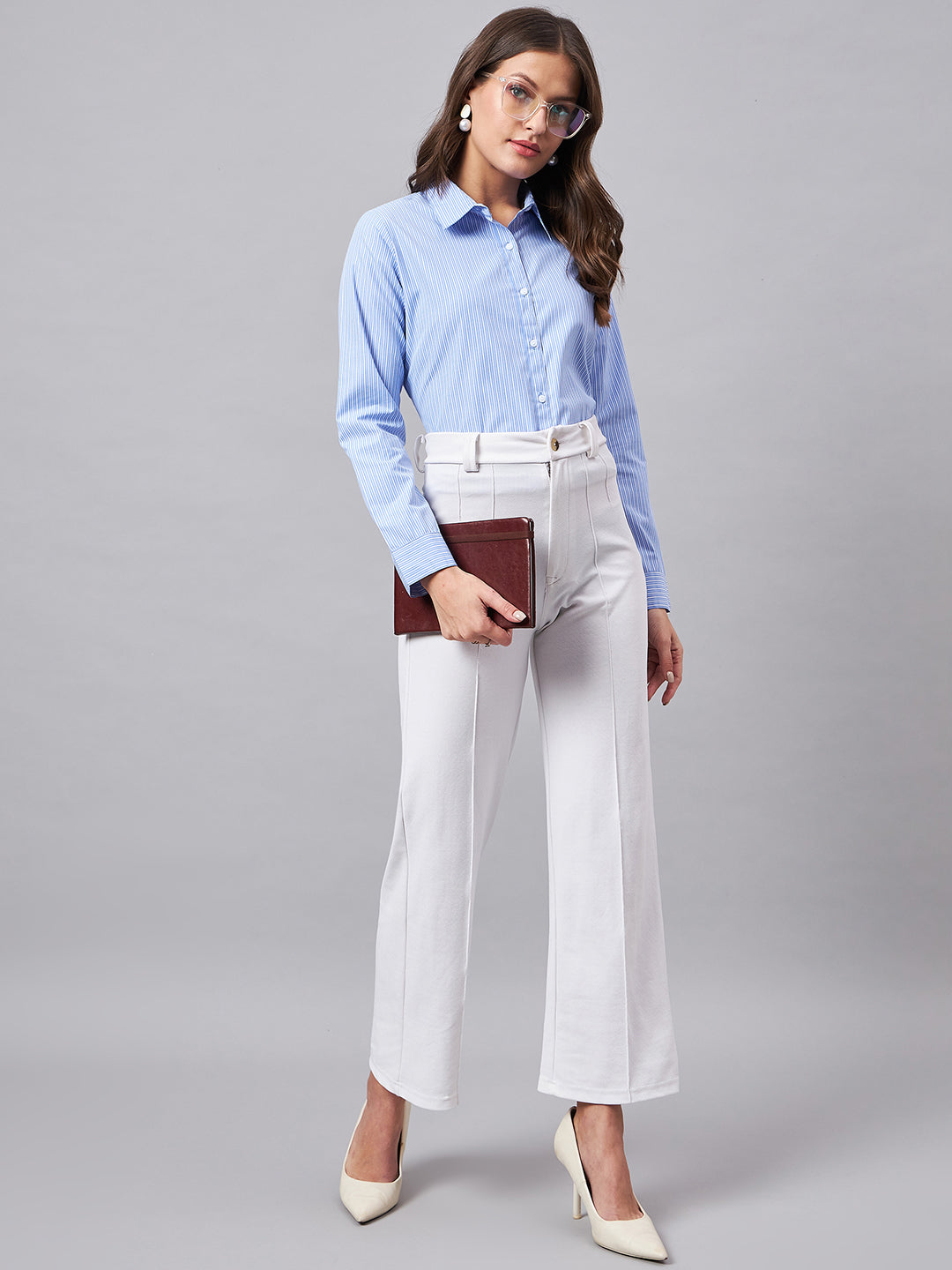 Style Quotient Women Self Design Stripe Blue And White Polycotton Formal Shirt