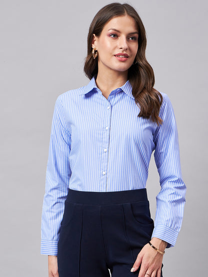 Style Quotient Women Self Design Stripe Blue And White Polycotton Formal Shirt