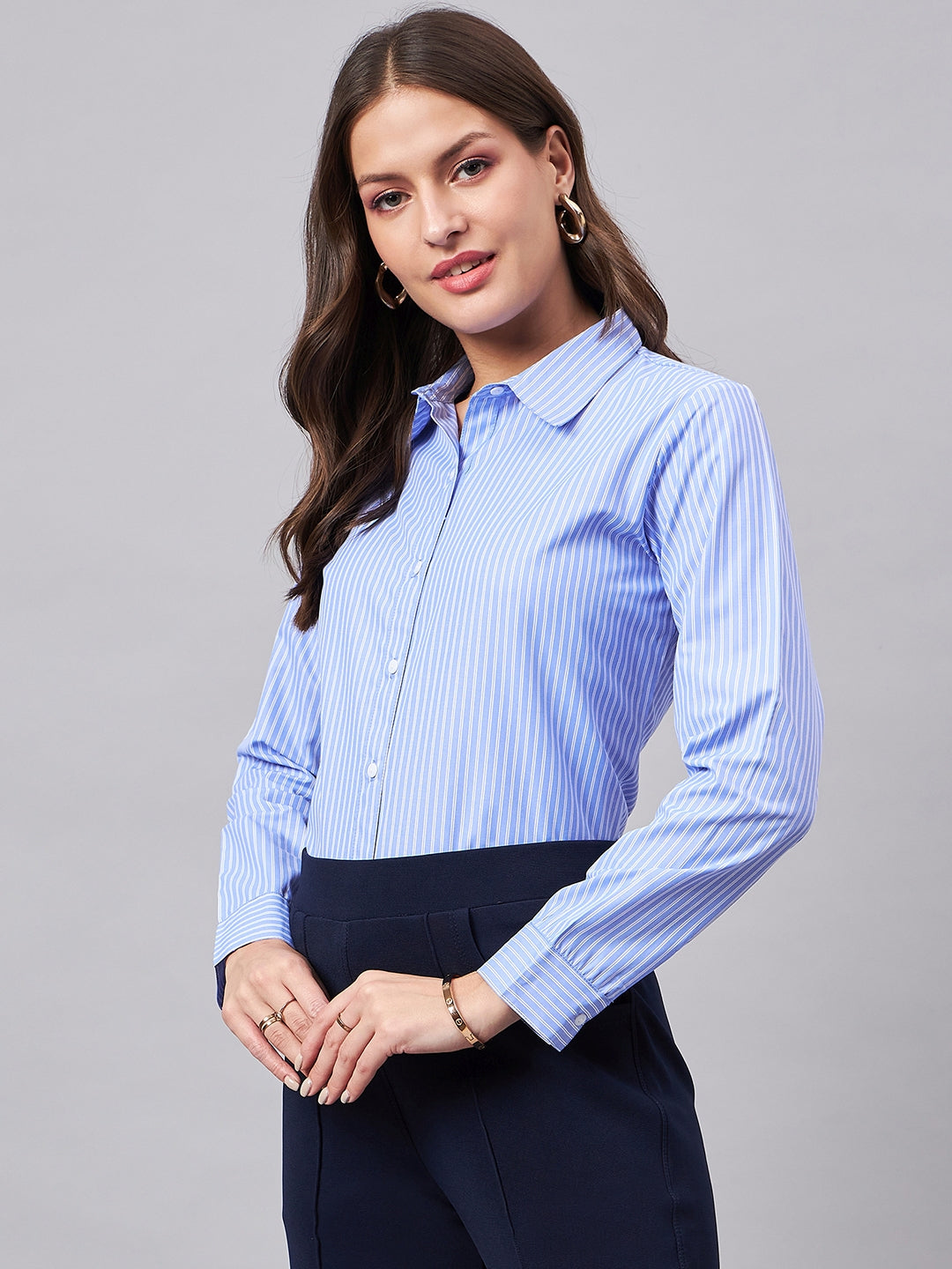 Style Quotient Women Self Design Stripe Blue And White Polycotton Formal Shirt