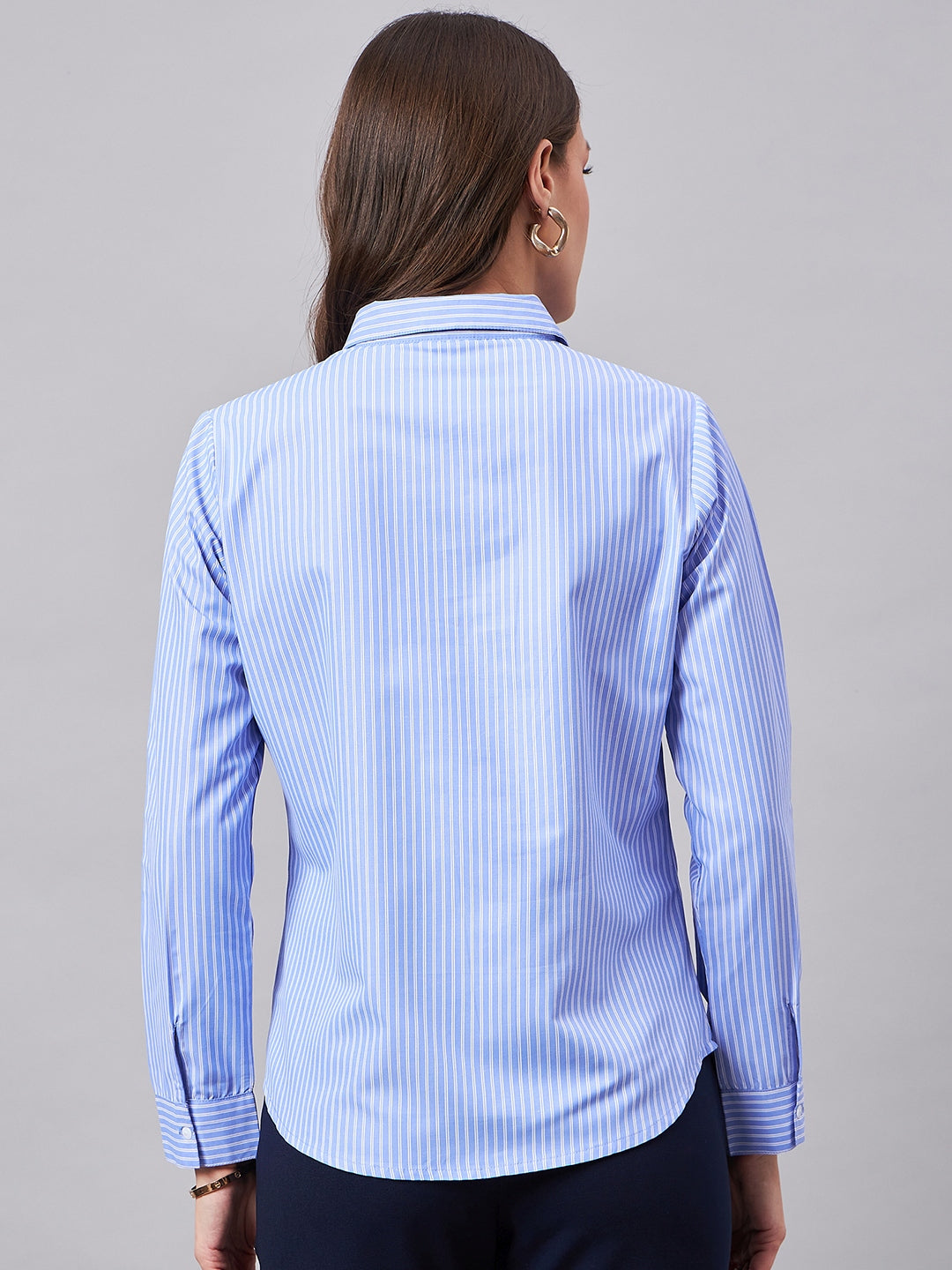 Style Quotient Women Self Design Stripe Blue And White Polycotton Formal Shirt