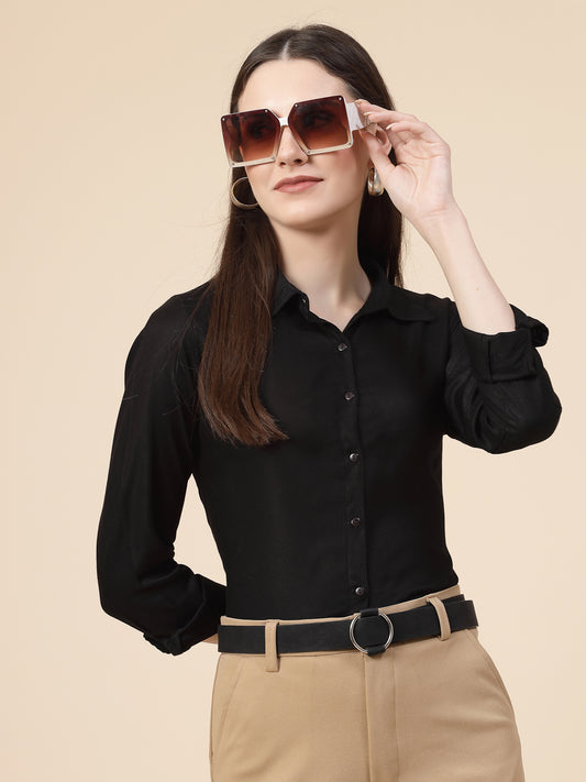 Style Quotient Women Solid Black Rayon Regular Shirt