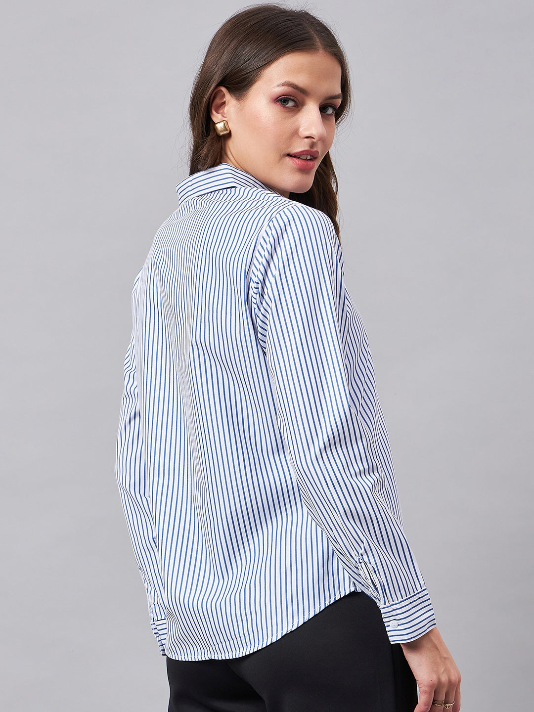 Style Quotient Women Blue And White Stripe Polycotton Regular Shirt