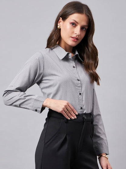 Forever Formal Women Micro Ditys Self Design Grey Polycotton Formal Shirt