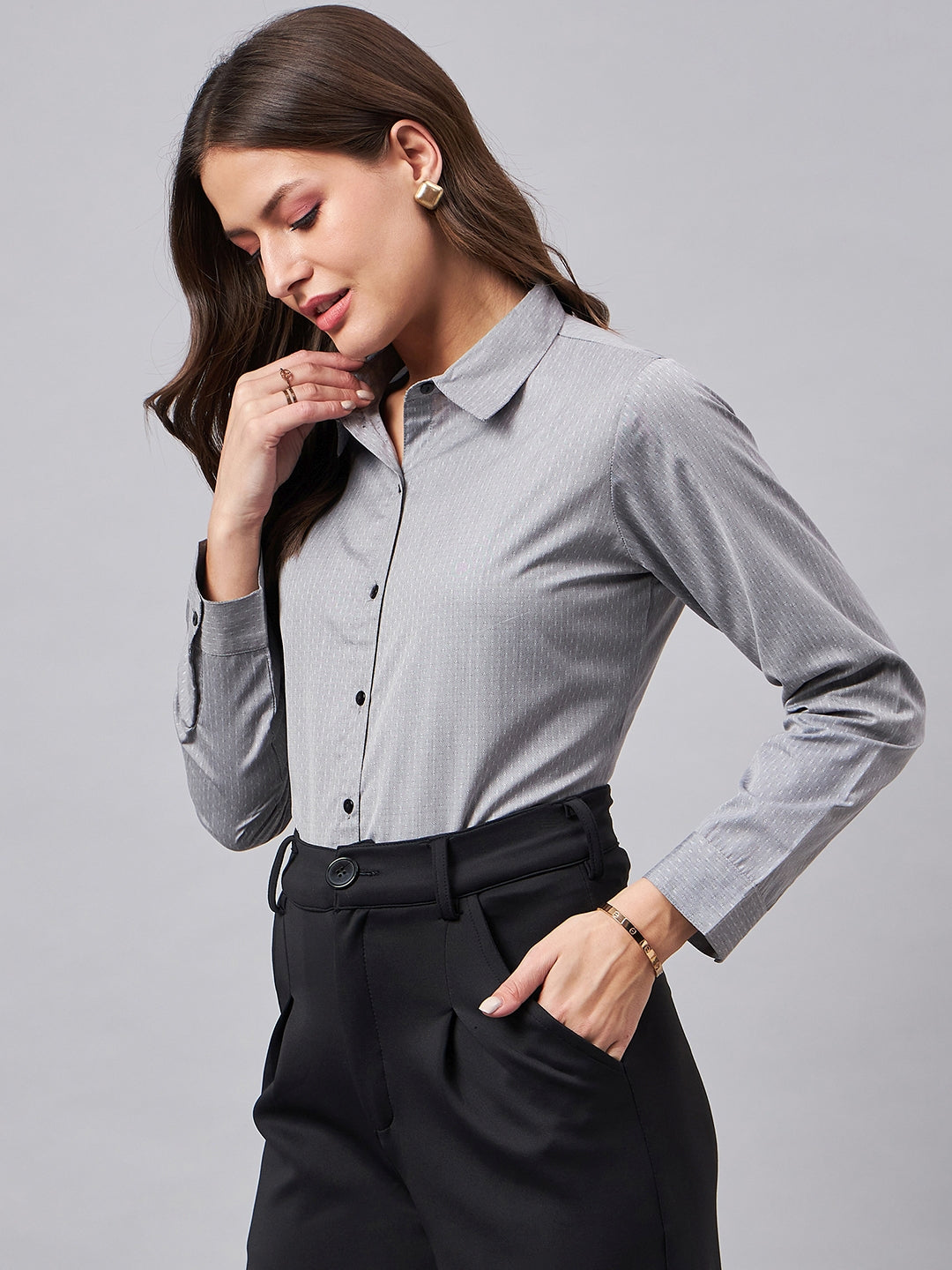 Forever Formal Women Micro Ditys Self Design Grey Polycotton Formal Shirt