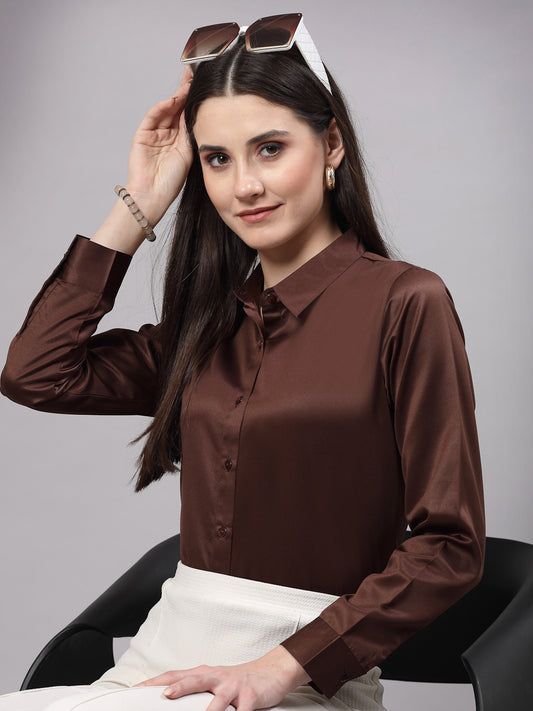 Style Quotient Women Brown Satin Regular Formal Shirt