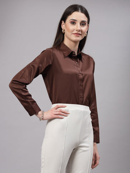 Style Quotient Women Brown Satin Regular Formal Shirt