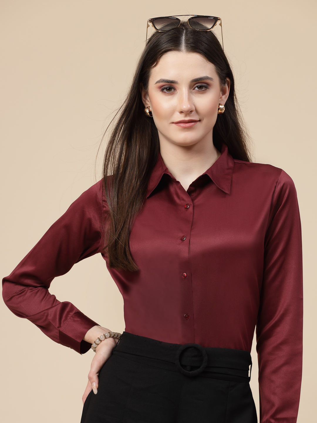 Style Quotient Women Maroon Satin Regular Formal Shirt