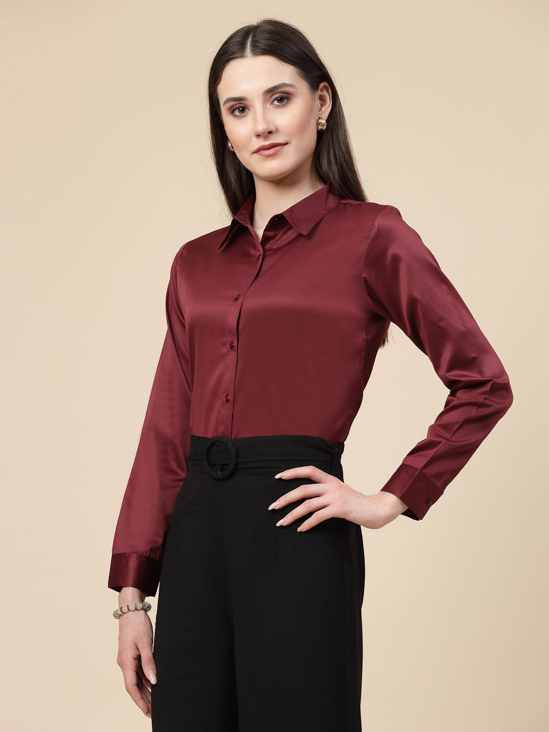 Style Quotient Women Maroon Satin Regular Formal Shirt