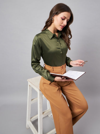Style Quotient Women Olive Satin Regular Formal Shirt