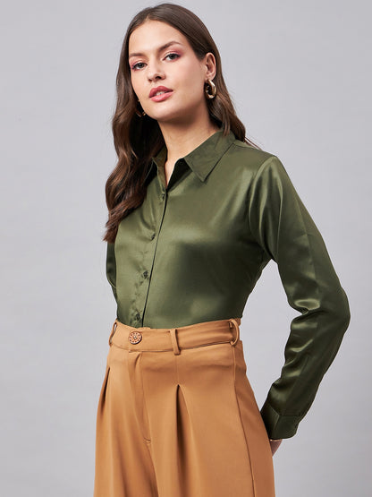 Style Quotient Women Olive Satin Regular Formal Shirt