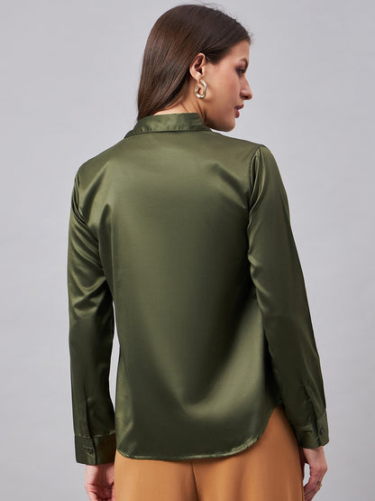 Style Quotient Women Olive Satin Regular Formal Shirt