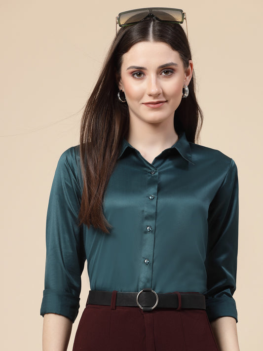 Style Quotient Women Teal Satin Regular Formal Shirt