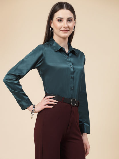 Style Quotient Women Teal Satin Regular Formal Shirt