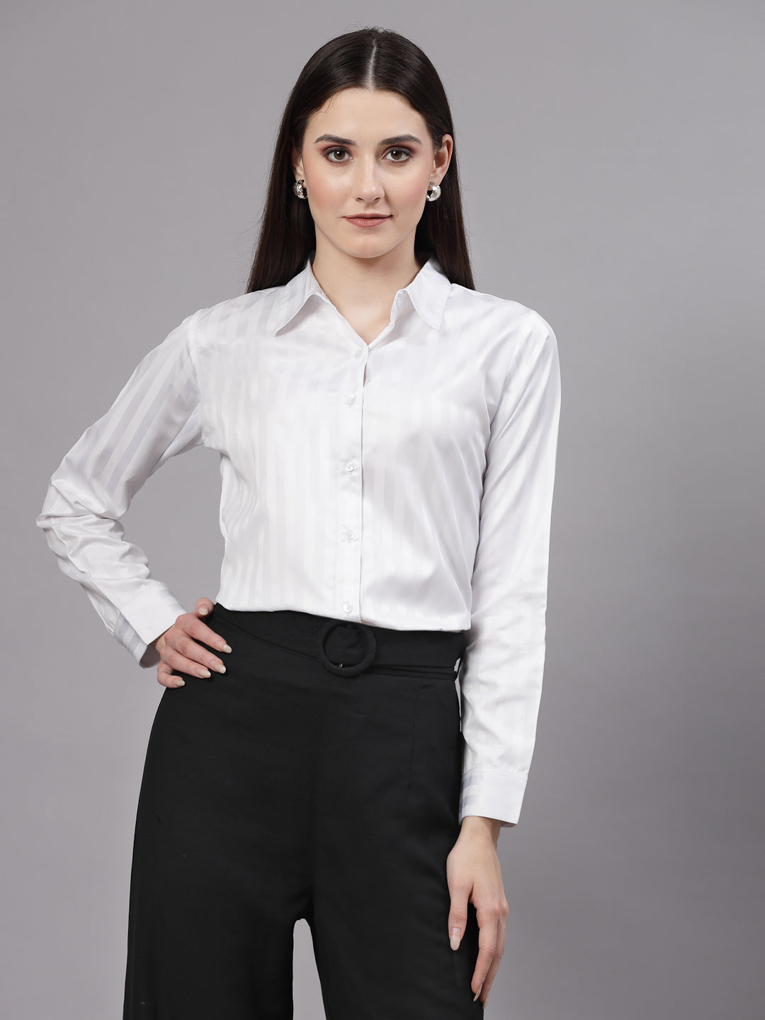 Style Quotient Women Self Design White polyester Formal Shirt