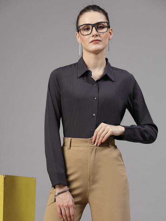 Style Quotient Women Charcoal Grey Self Design Regular Polyester Formal Shirt