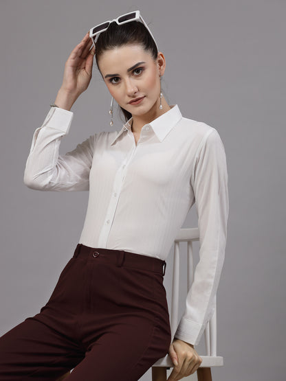 Style Quotient Women White Self Design Regular Polyester Formal Shirt