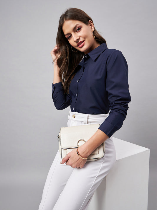 Style Quotient Women Smart Navy Spread Collar Full Sleeve Shirt