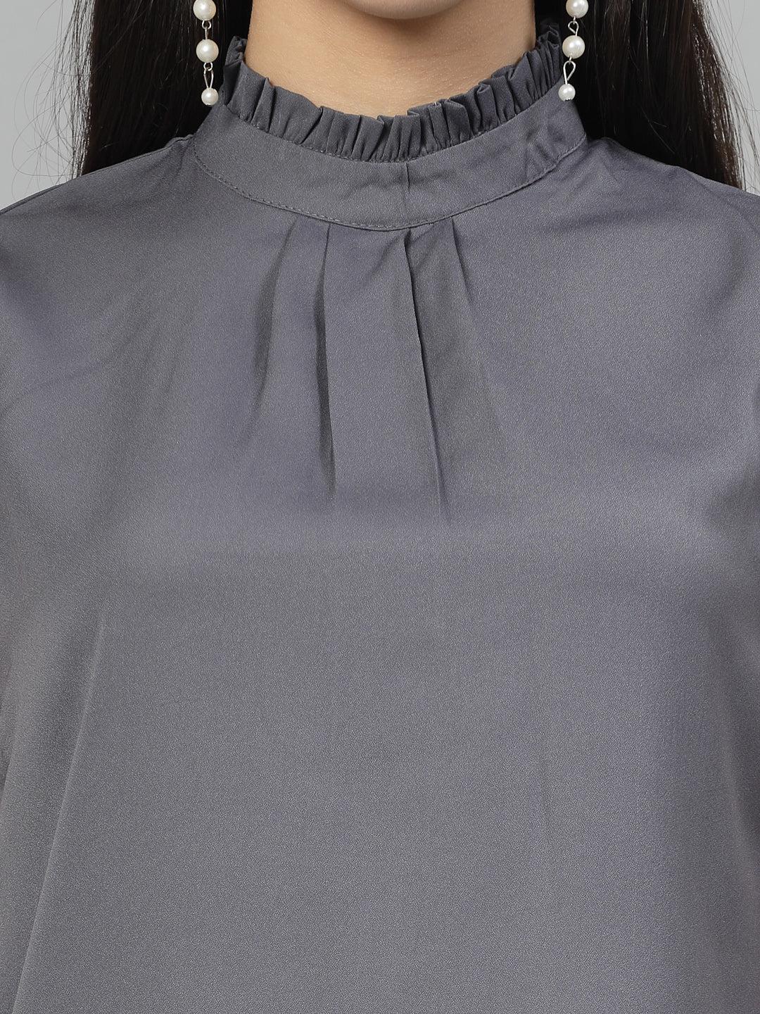 Style Quotient Women Solid Grey Polycrepe Smart Casual Top