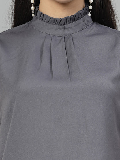 Style Quotient Women Solid Grey Polycrepe Smart Casual Top