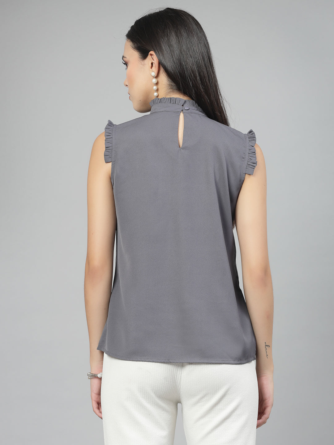 Style Quotient Women Solid Grey Polycrepe Smart Casual Top