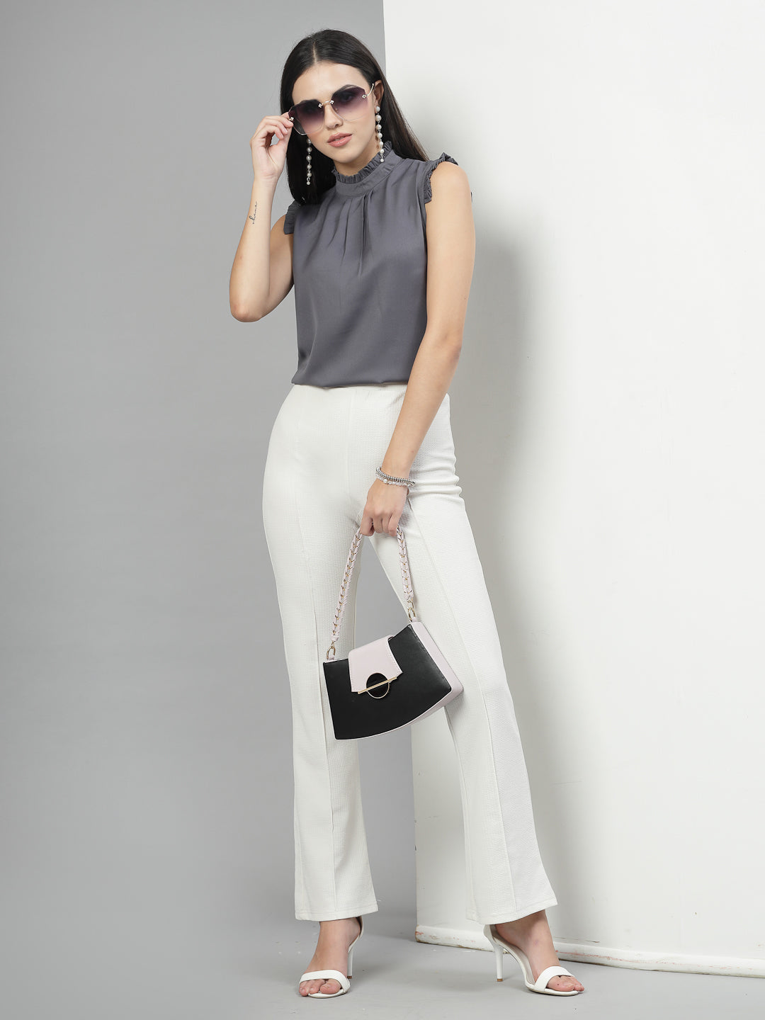 Style Quotient Women Solid Grey Polycrepe Smart Casual Top