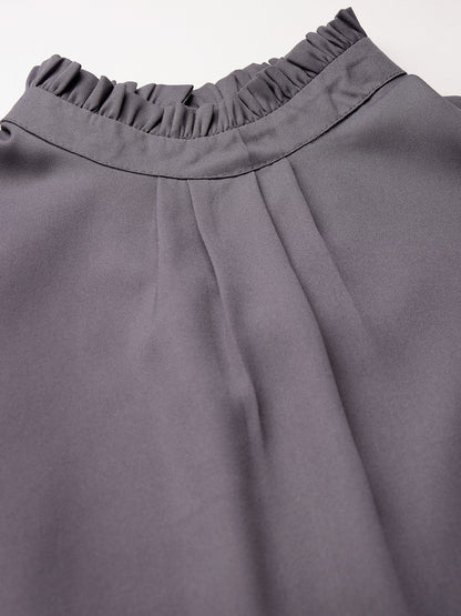 Style Quotient Women Solid Grey Polycrepe Smart Casual Top