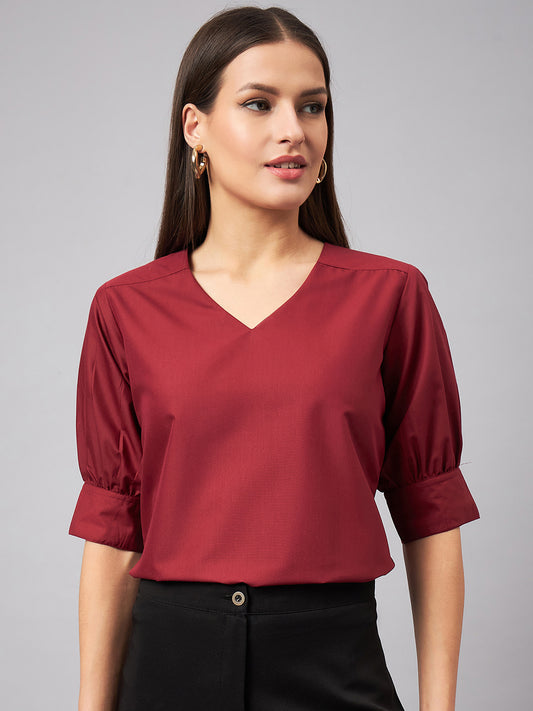 Style Quotient Women Solid Maroon PolyCotton Formal Top