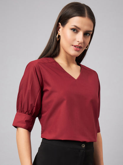 Style Quotient Women Solid Maroon PolyCotton Formal Top