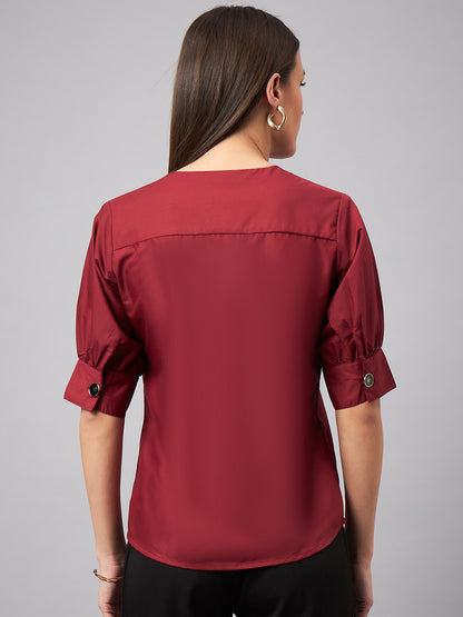 Style Quotient Women Solid Maroon PolyCotton Formal Top