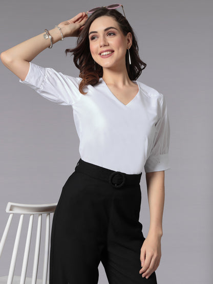 Style Quotient Women Solid White Polycotton Formal Top