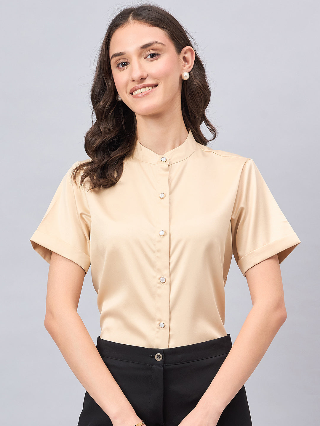 Style Quotient Women Solid Champagne Satin Party Shirt