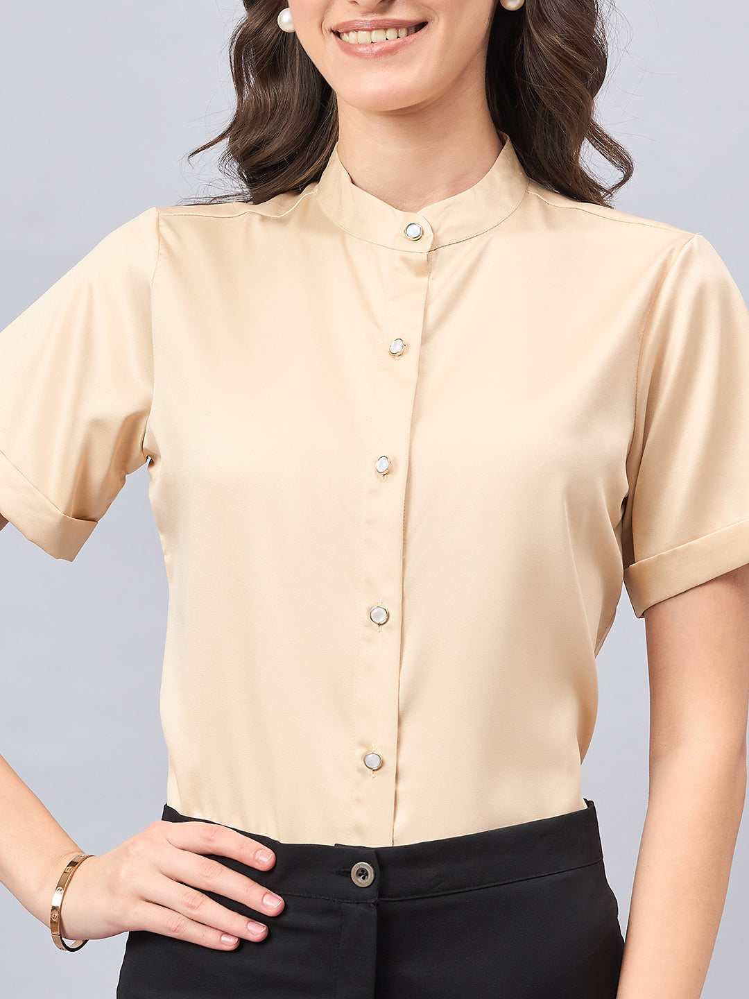 Style Quotient Women Solid Champagne Satin Party Shirt