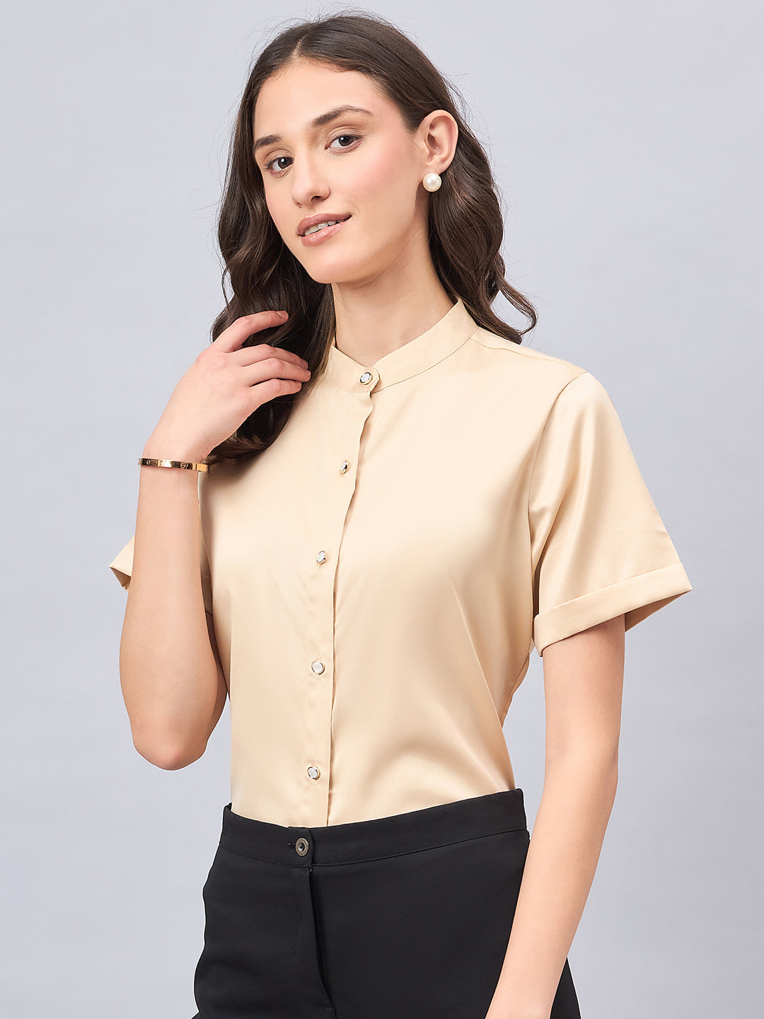 Style Quotient Women Solid Champagne Satin Party Shirt