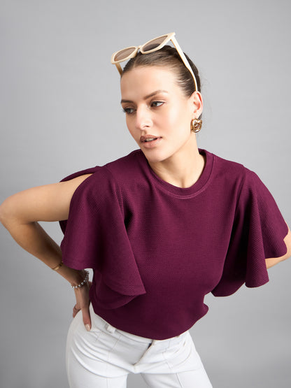 Style Quotient Women Solid Maroon Self Design Polyknit Top